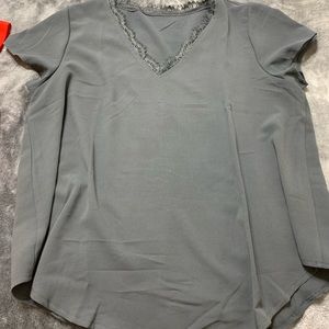 One Red and One Grey V-neck sheer blouse